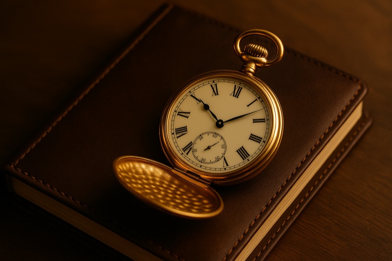Antique gold pocket watch on dark surface